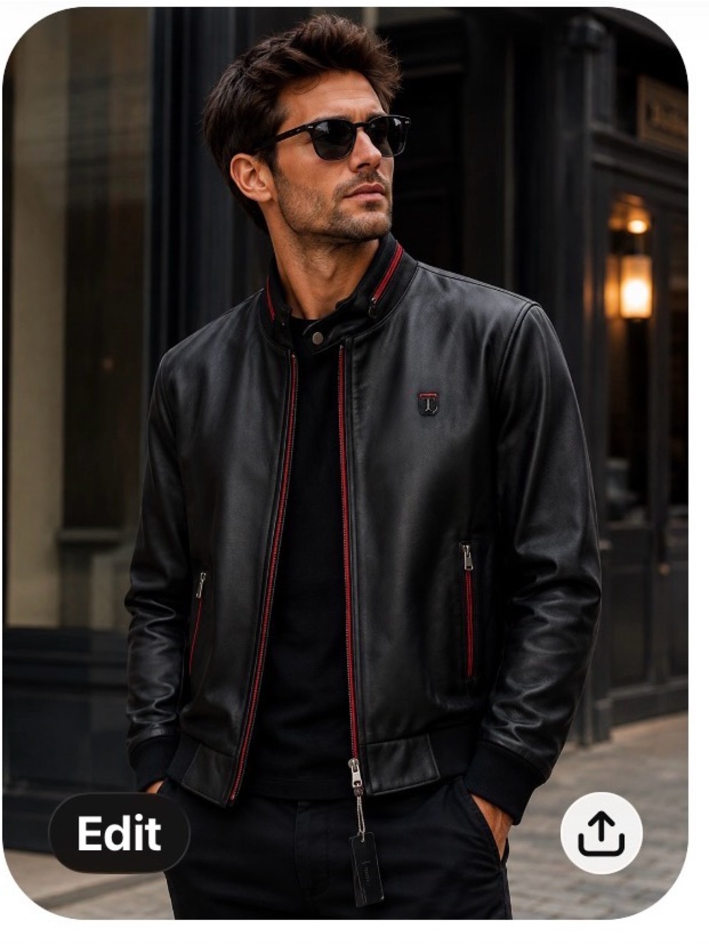 Stylish Black Moto Bomber Jacket with Red Accents by F Collections